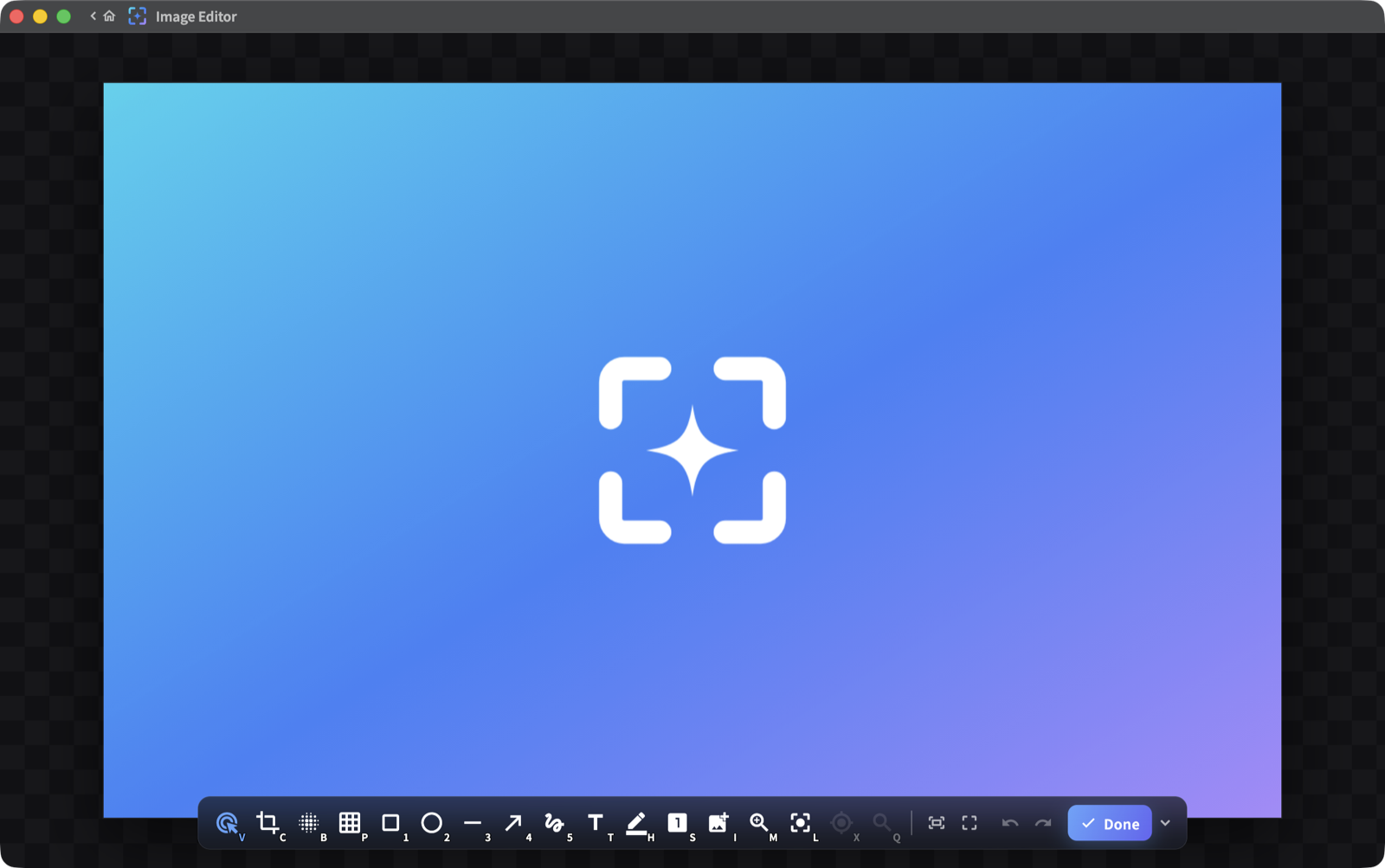 The Glimpr editor in dark mode: annotation toolbar over a frozen frame.