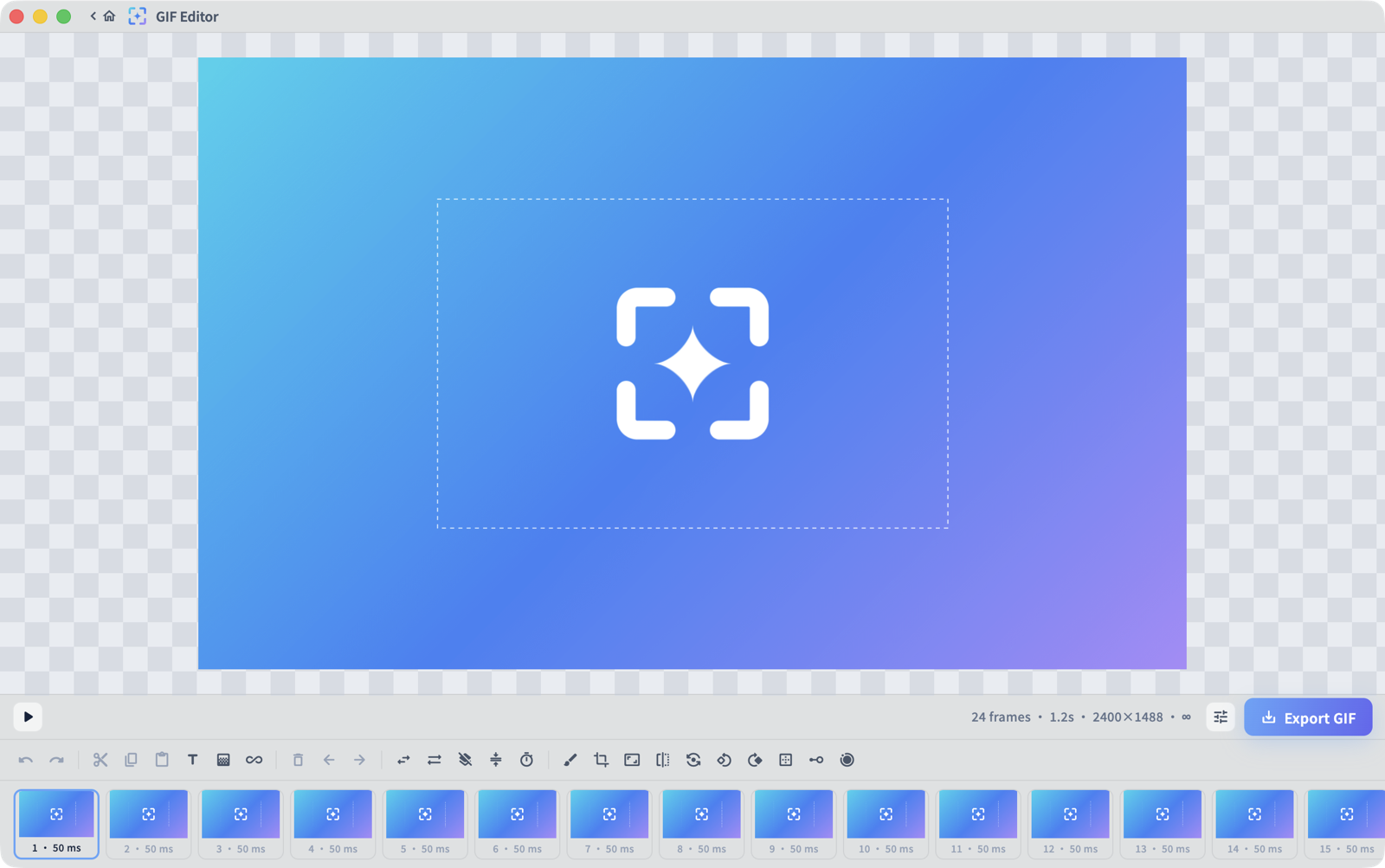 The Glimpr GIF editor in light mode: frame timeline under the preview.