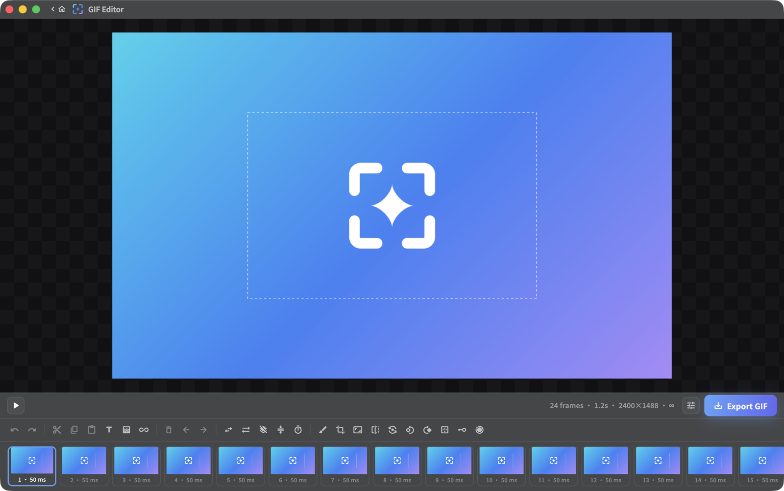 The Glimpr GIF editor in dark mode: frame timeline under the preview.